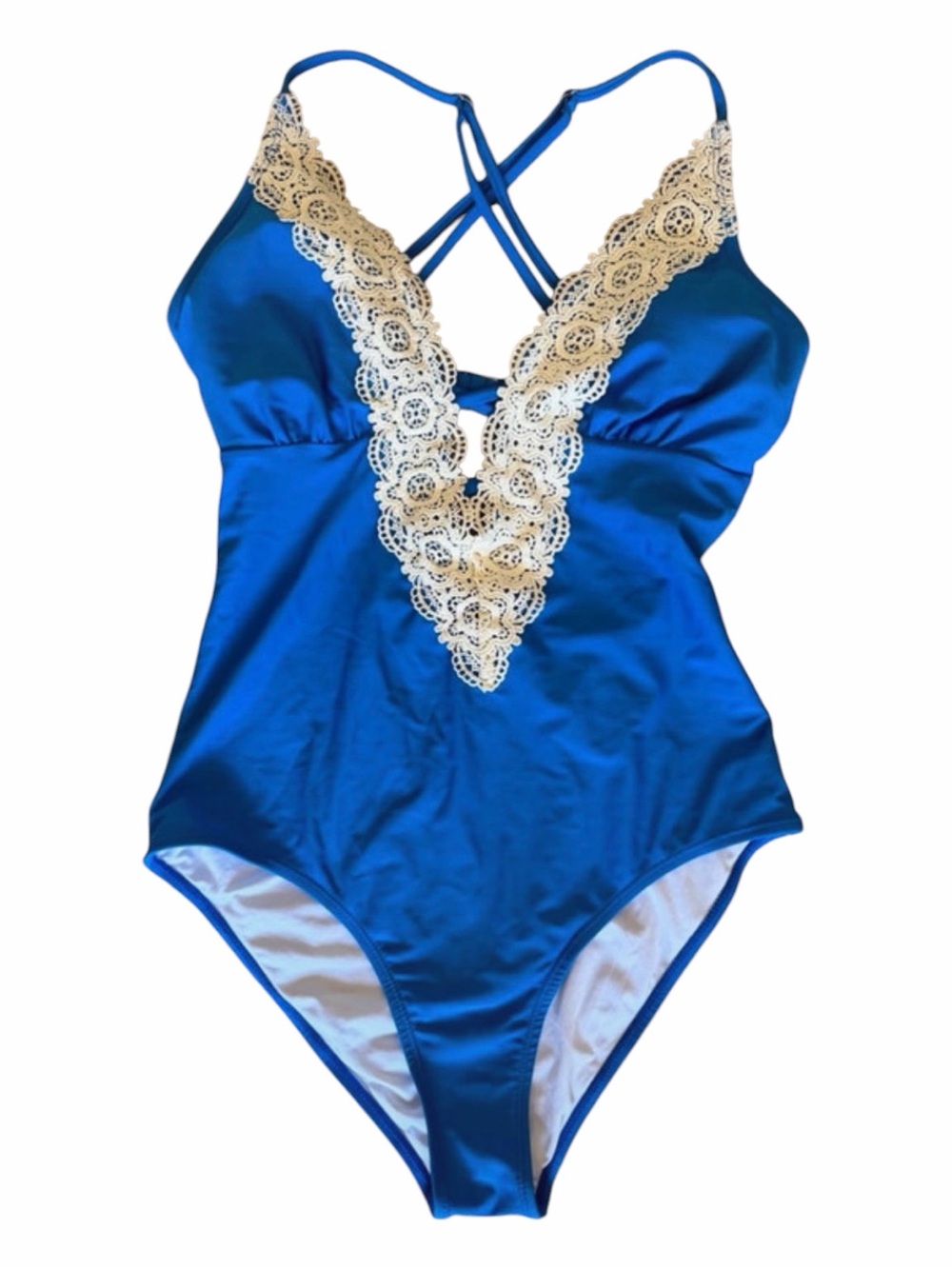 Cupshe Lace Trim V- Plunge One-Piece Swimsuit - SIZE LARGE
